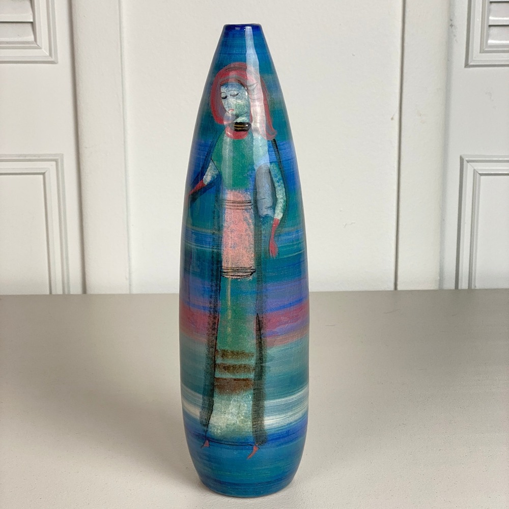 VTG Polia Pilin Signed MCM 13" Studio Pottery Vase Blue Figurative Modernist 50s